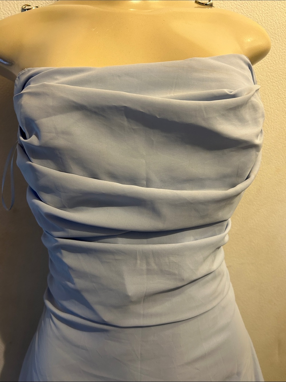 Strapless Light Blue Ruched Mini Dress - Picture 2 of 11